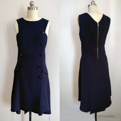 Double breasted sleeveless dress asymmetrical hem dress hi low hem navy dress Custom made Blue crepe dress inspired by Meghan Markle