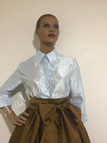 Three Quarter Length Sleeves Women Handmade Classic Tailored SHIRT Pleated Collar