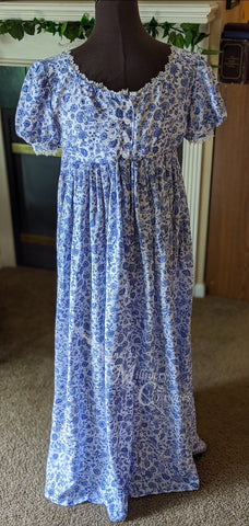 Jane Austen Regency Day Dress Gown Blue Silver Print Cotton