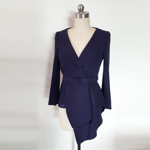 Blue wrap blouse draped blouse asymmetrical hem top Custom made Meghan Markle blue peplum draped top navy belted blouse