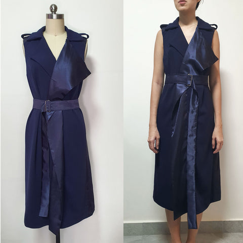 Navy cocktail dinner Dress trench dress evening wrap dress Meghan Markle inspired Belted satin wrap dress