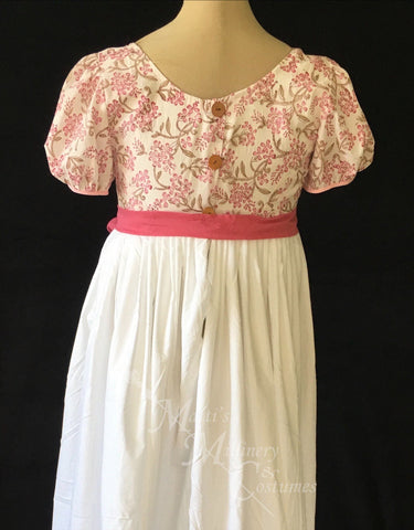 Jane Austen Day Dress Gown Pink Illusion Block Print Cotton Regency