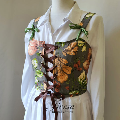 Cottagecore corset with botanical prints Retro corset Renaissance corset vest brown Pirate top