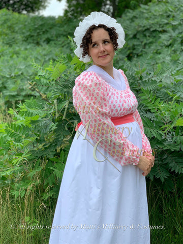 Lawn Jane Austen Style REGENCY Day Gown Ball Dress long sleeves White Pink Block Print Cotton