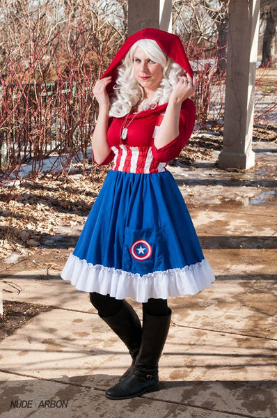 High Waisted Skirt Avenger SuperheroLolita Jumper Halloween Costume Custom Petite to Plus Size Womans Captain America Cosplay