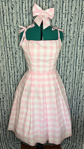 Dapper Day Dress Cosplay with Bow and Belt Hairbow Women's Custom Adult Pink and White Gingham Check Doll 50s Style