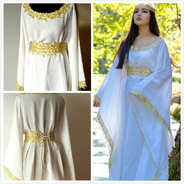 White Medieval Dress Celtic gown long sleeves renaissance costume for women